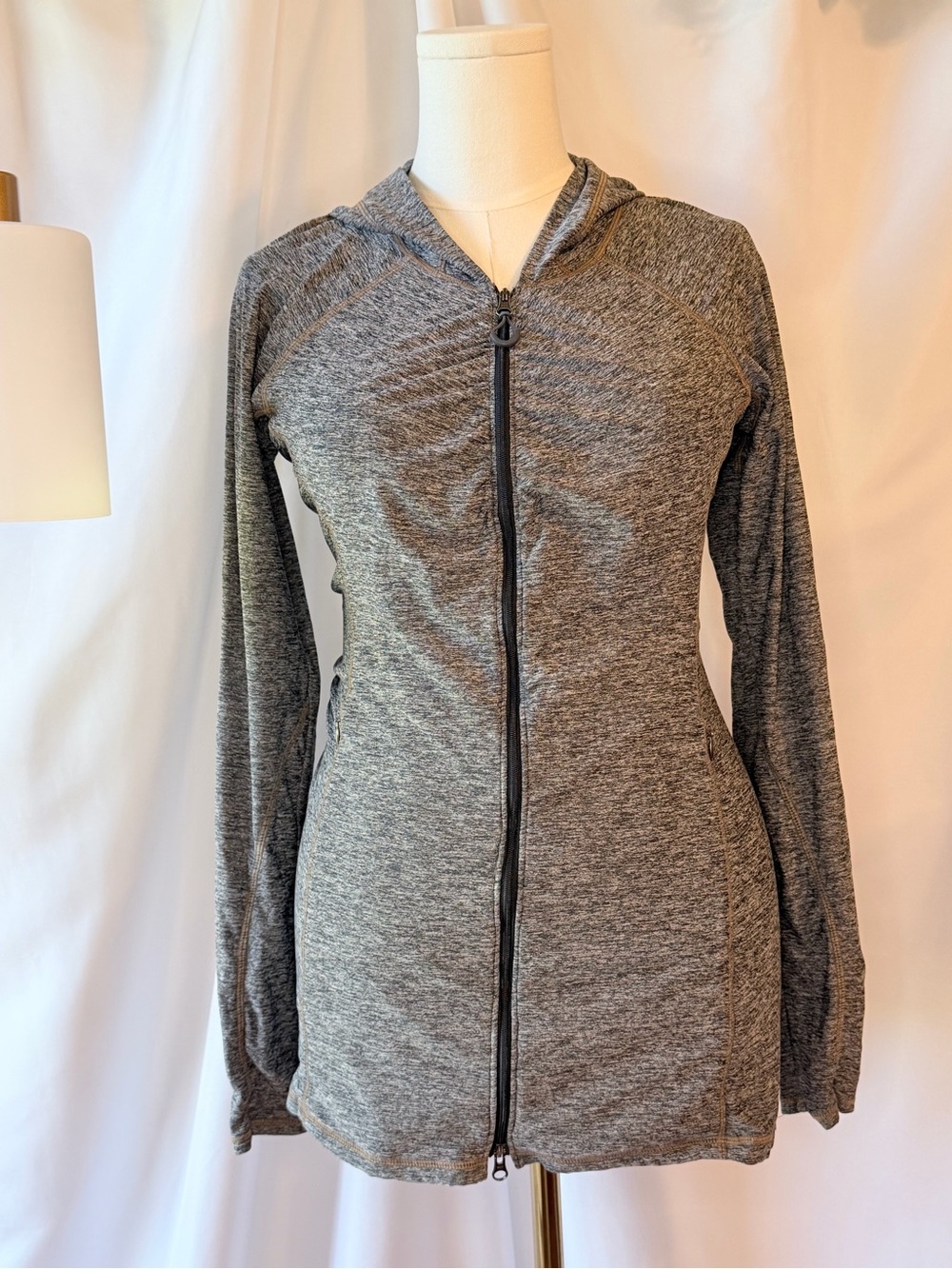 Athleta Gray Marled Zip-Up Top with Tan Stitching
